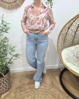 Chemisier fin femme rose feuillages verts et fuchsia