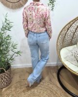 Chemisier fin femme rose feuillages verts et fuchsia