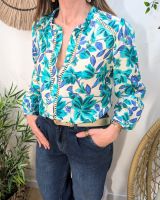 Chemisier femme écru fleurs bleus et vertes manches brodées Amédéa