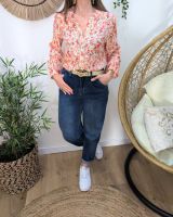 Chemisier femme beige fleurs roses manches brodées Mencía