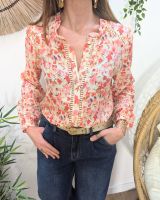 Chemisier femme beige fleurs roses manches brodées Mencía