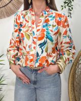 Chemisier femme écru feuilles vertes bleu et orange manches brodées Casilda