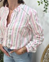 Chemisier femme blanc rayures fuchsia fleurs jaunes et bleues