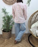 Chemisier femme blanc rayures fuchsia fleurs jaunes et bleues