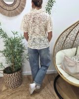 Chemisier femme manches courtes beige broderies fleuries Albertine