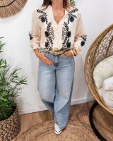 Chemisier femme coton beige broderies noires Octavia