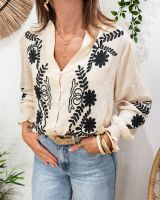 Chemisier femme coton beige broderies noires Octavia