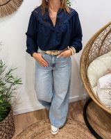 Chemisier femme bleu marine brodé col mao Mafalda