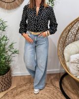 Chemisier femme noir à pois blancs et broderies
