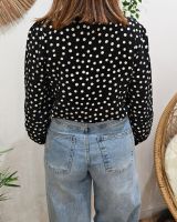 Chemisier femme noir à pois blancs et broderies