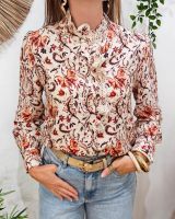 Chemisier femme beige fleurs orangées col brodé beige Alice
