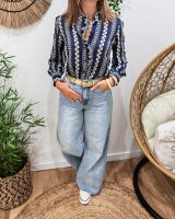 Chemisier femme bleu marine broderies fleuries écrues Apolline