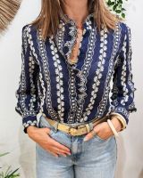 Chemisier femme bleu marine broderies fleuries écrues Apolline