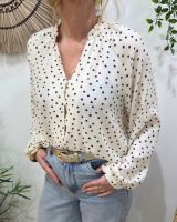 Chemisier femme beige à pois marrons col froncé