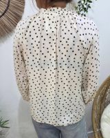 Chemisier femme beige à pois marrons col froncé