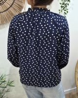 Chemisier femme bleu marine à pois blancs col froncé