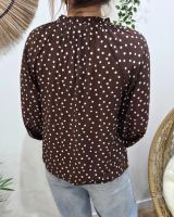 Chemisier femme marron à pois blancs col froncé