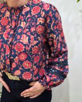 Chemisier femme marine fleurs rouges et taupes Margarida