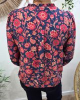 Chemisier femme marine fleurs rouges et taupes Margarida