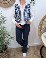 Boléro femme coton jean bleu broderies blanches