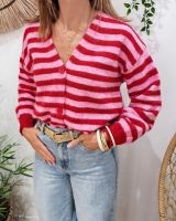 Gilet femme boutonné rayé rose et rouge