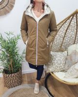 Parka doudoune femme longue épaisse réversible camel et dorée