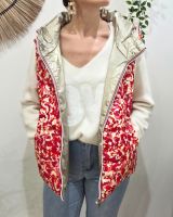 Doudoune femme sans manches dorée et motifs fuchsias orangés réversible