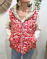 Doudoune femme sans manches dorée et motifs fuchsias orangés réversible