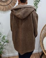 Manteau long femme à capuche marron poches plaquées revers à carreaux