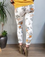 Pantalon blanc fleurs et papillons oranges et grises taille haute