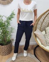 Pantalon femme fluide paper bag bleu marine poches à volants