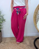 Pantalon fluide femme rose fuchsia ruban à motifs