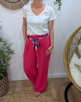 Pantalon fluide femme rose fuchsia ruban à motifs