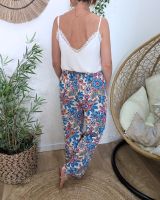 Pantalon femme fluide écru fleuri bleu et rose Ambroise