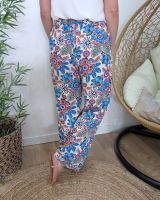 Pantalon femme fluide écru fleuri bleu et rose Ambroise