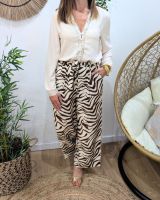 Pantalon fluide femme beige zebrures marrons camel Domitille