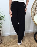Pantalon large velours femme taille haute boutonné noir
