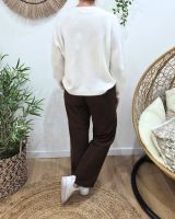 Pantalon large velours femme taille haute boutonné marron