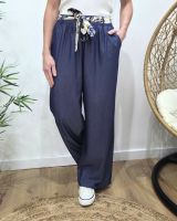 Pantalon fluide femme large bleu jean ceinture à motifs taille haute confort Maïra