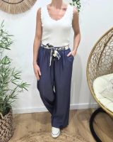 Pantalon fluide femme large bleu jean ceinture à motifs taille haute confort Maïra