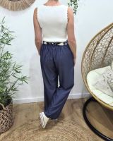 Pantalon fluide femme large bleu jean ceinture à motifs taille haute confort Maïra