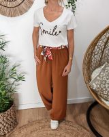 Pantalon fluide femme large camel ceinture à motifs Maïra