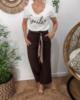 Pantalon femme fluide marron 7/8 ceinture marron