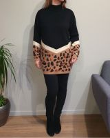Pull long noir camel leopard sequins col montant