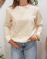 Sweat femme beige broderies marguerites
