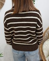 Pull femme marron rayures écrues coeur brodé pixels