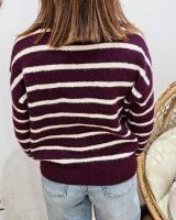 Pull femme prune rayures écrues coeur brodé pixels