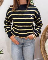 Pull femme bleu marine rayures jaunes coeur brodé pixels