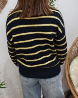 Pull femme bleu marine rayures jaunes coeur brodé pixels
