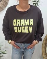 Sweat femme marron broderie DRAMA QUEEN jaune
